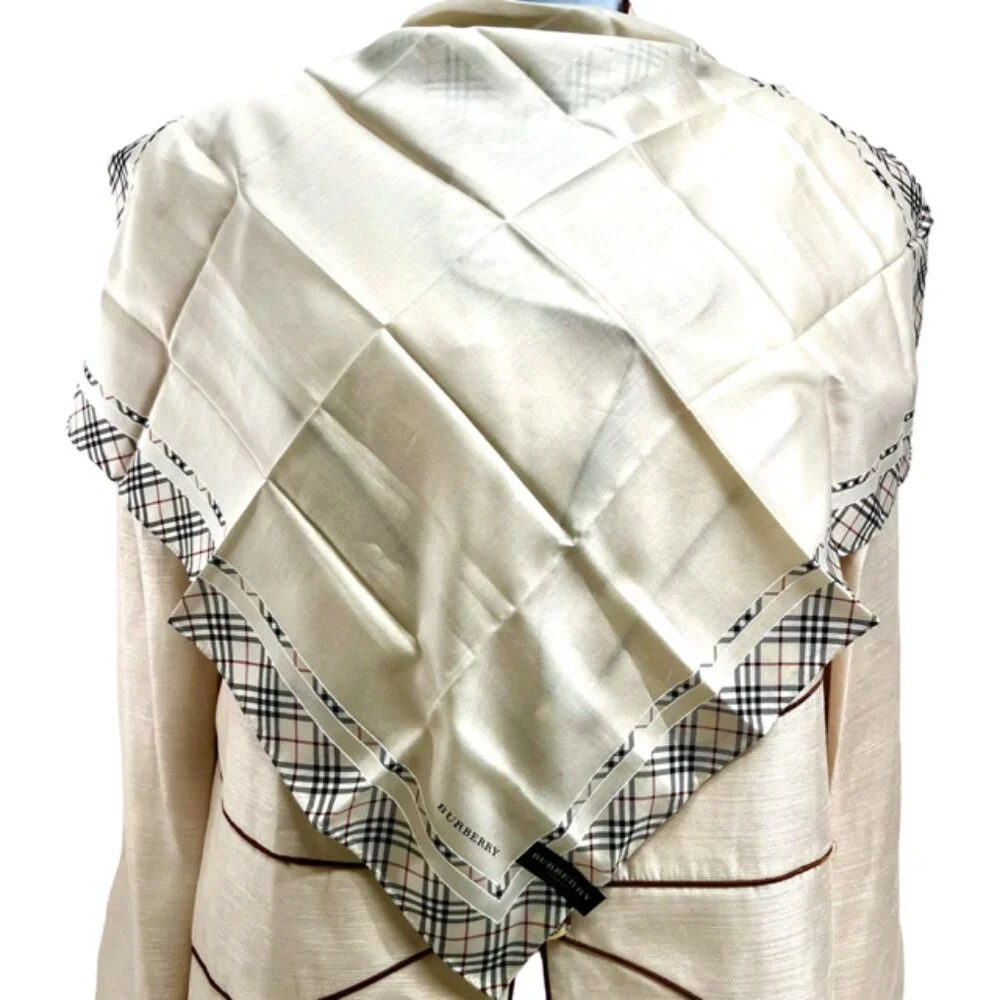 New Tag Men/Women Burberrys  Miniscarf/handker 23"Cotton/Silk Beige Gray Nova(10 - Picture 4 of 9